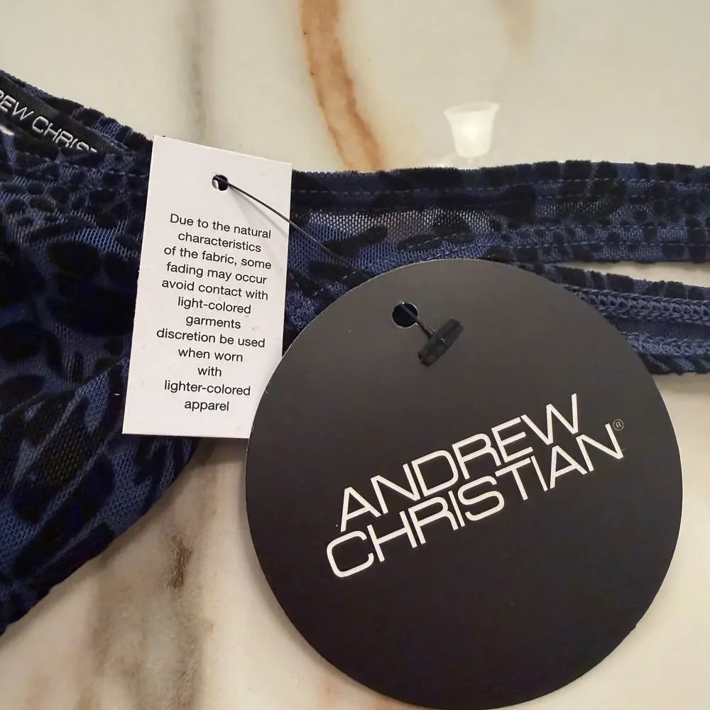 NEW Andrew Christian Underwear Nocturnal Mesh Thong Black Blue Size Medium